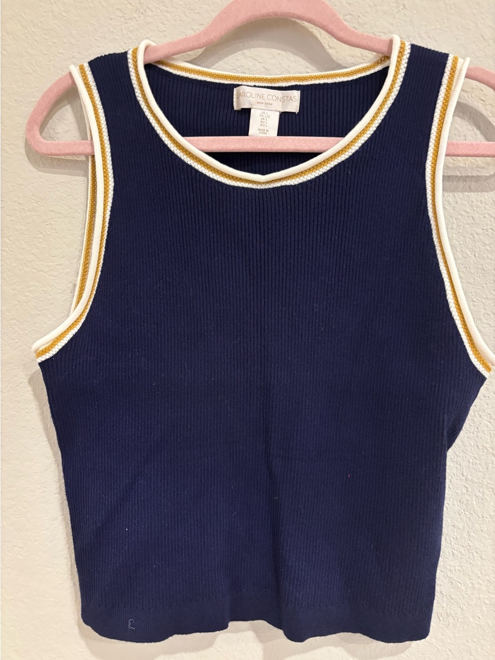 Caroline Constas Navy Rib Knit Cropped Tank Top White Trim Womens Large